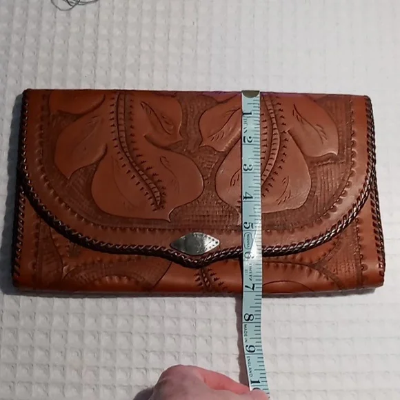Handcrafted Hand Tooled Leather Clutch Chestnut Brown Tropical Leaf Design - Picture 9 of 13